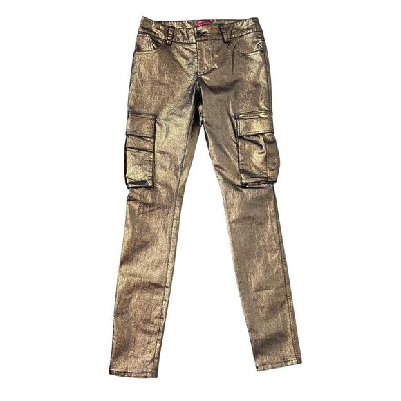 Alice + Olivia Gold Black Jeans 4 Metallic Skinny Cargo Pants y2k Stretch Low Ri - Picture 2 of 16